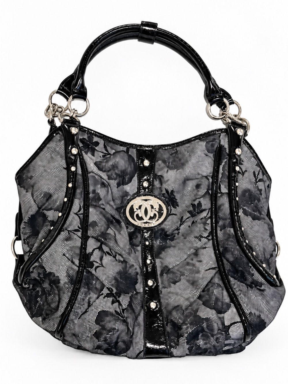 Sharif Black Gray Floral Studded Shoulder Bag Glossy Trim